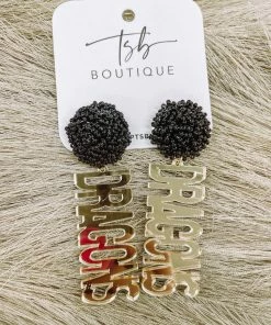 Texas Bling 2022 School Style Gold Dragons Black Pom Earrings
