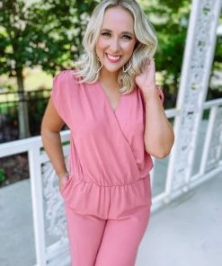 Entro Rompers & Jumpsuits Annie Elastic Waist Surplice Shoulder Pad Jumpsuit