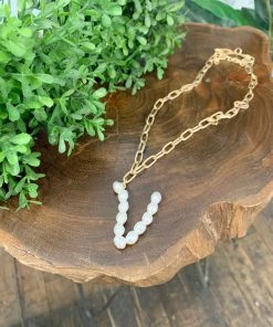 Texas Bling Pearl Initial Letter Necklace- V