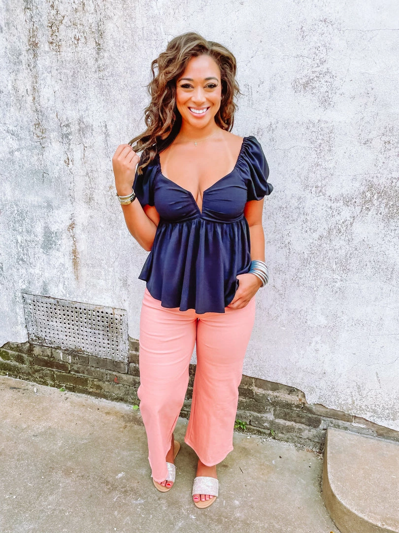 Entro Baylee V Neck Wire Puff Sleeve Top- Black 1 Entro Baylee V Neck Wire Puff Sleeve Top- Black