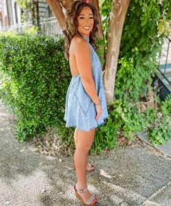 Idem Ditto Phoebe Halter Neck Denim Mini Dress Dresses