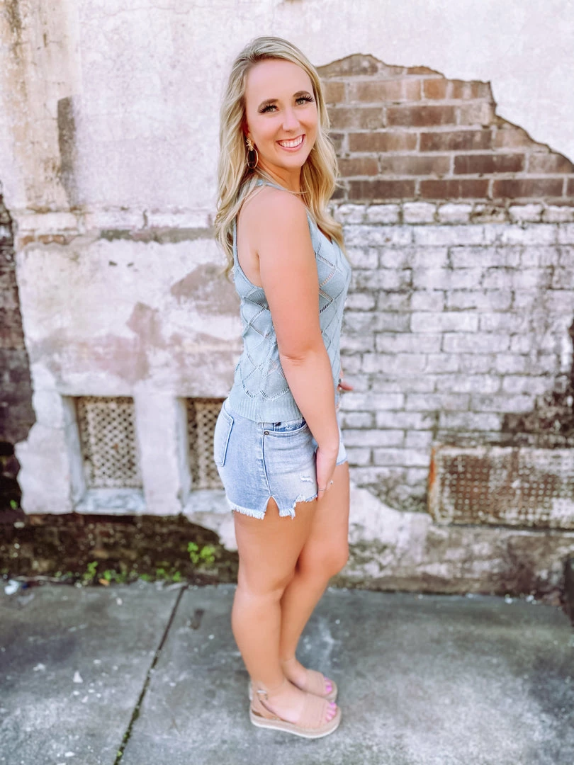 Trend Shop Tops Nevaeh V Neck Hollow Out Knitted Tank Top- Blue 4 Trend Shop Tops Nevaeh V Neck Hollow Out Knitted Tank Top- Blue