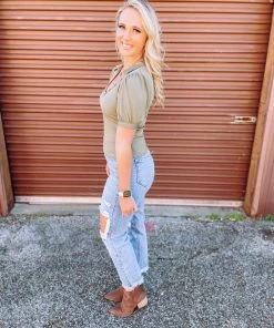 Blu Pepper Tops Kaelie U Neck Button Puff Sleeve Top- Olive