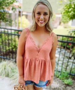 Umgee Tops Callie V Neck Crochet Detail Top- Clay