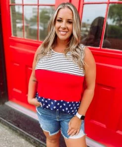 Cezanne Plus Grace Stripe And Star Contrast Tank Top