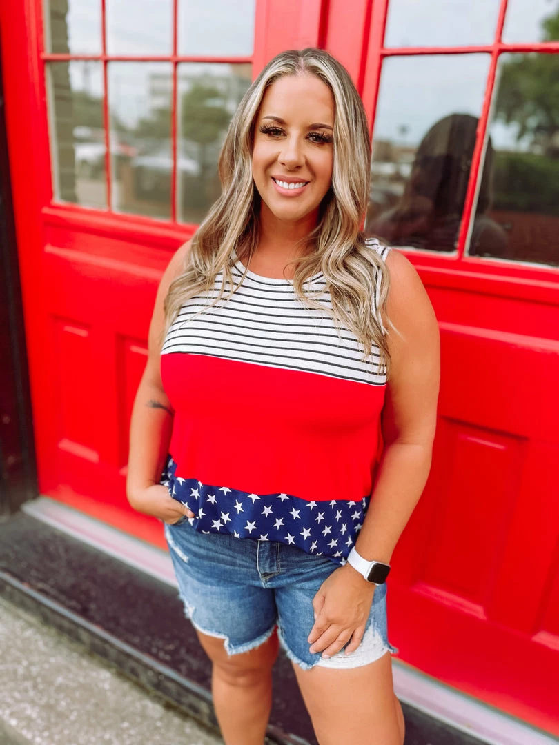 Cezanne Plus Grace Stripe And Star Contrast Tank Top 1 Cezanne Plus Grace Stripe And Star Contrast Tank Top