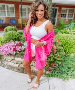 Umgee Izzie Floral Lace Open Front Kimono- Hot Pink