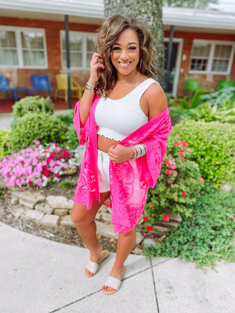 Umgee Izzie Floral Lace Open Front Kimono- Hot Pink 1 Umgee Izzie Floral Lace Open Front Kimono- Hot Pink