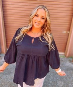 Umgee Ryleigh 3/4 Sleeve Smocked Shoulder Tunic Dress- Black