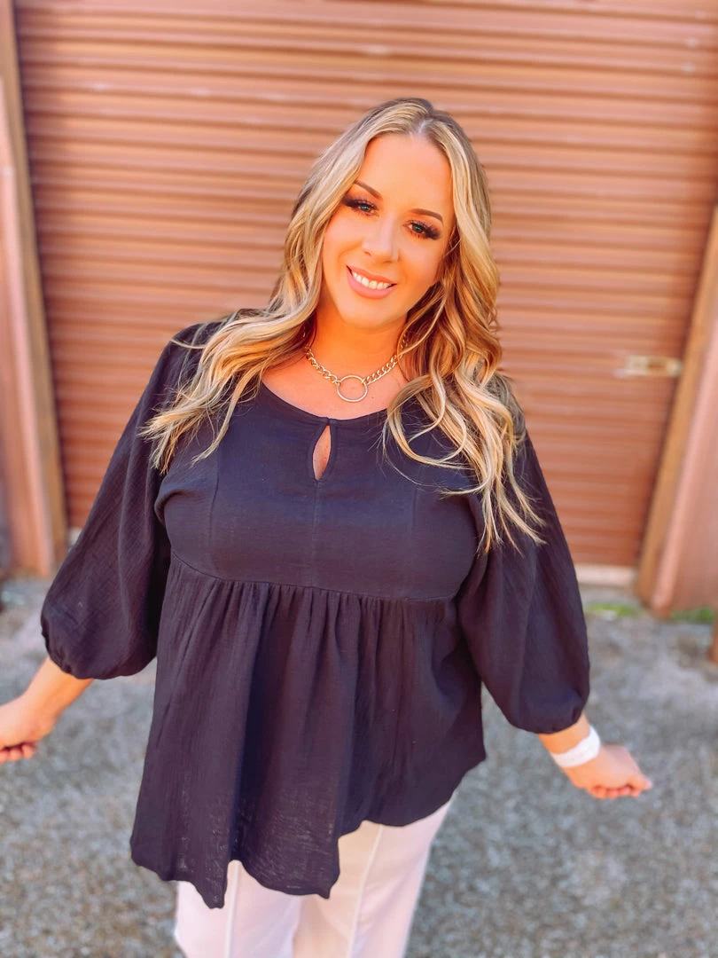 Umgee Ryleigh 3/4 Sleeve Smocked Shoulder Tunic Dress- Black 1 Umgee Ryleigh 3/4 Sleeve Smocked Shoulder Tunic Dress- Black