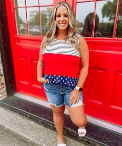 Cezanne Plus Grace Stripe And Star Contrast Tank Top