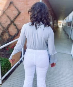 Peach Love Blake Frill Surplice V Neck Bodysuit- Grey