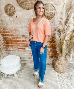 Risen Adeline Button Down 90's Frayed Hem Wide Jeans- Dark Wash