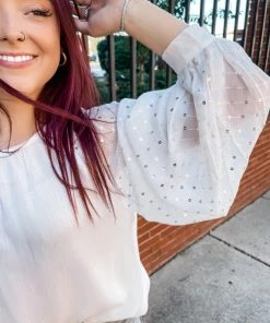 Vine & Love Tops Margot Sequin Balloon Sleeve Top- Off White