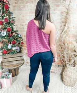 Main Strip Karla One Shoulder Swiss Dot Top- Plum Tops