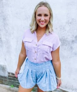 Trend Notes Sydney Short Sleeve Button Up Shirt- Lilac Tops