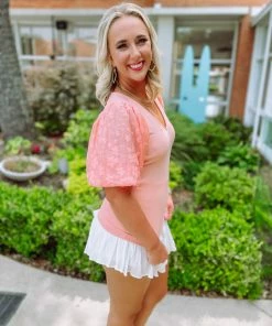 Entro Estelle Contrast Floral Bubble Sleeve Top- Peach