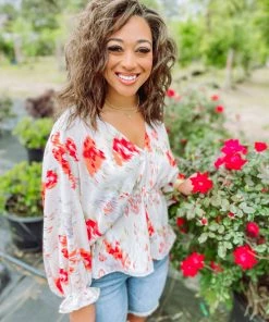 Entro Marlee Floral V Neck Batwing Top- Orange Tops