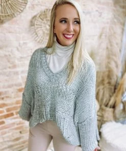 Ces Femme Tops Monica Lightweight Crochet Sweater- Grey