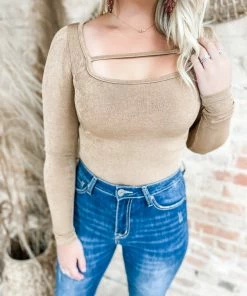 Peach Love Piper Cross Strap Bodysuit- Brown Tops