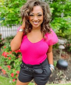 Flying Tomato Mallory Sheer Puff Sleeve Ribbed Top Tops