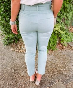 Must Have Jessica Square Buckle Belted Slim Fit Pants- Mint Bottoms