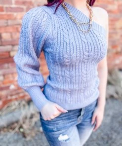 Glam Vivian Asymmetric One Shoulder Sweater- Blue Tops