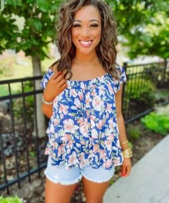 Ces Femme Hallie Bold Floral Tiered Tank- Cobalt