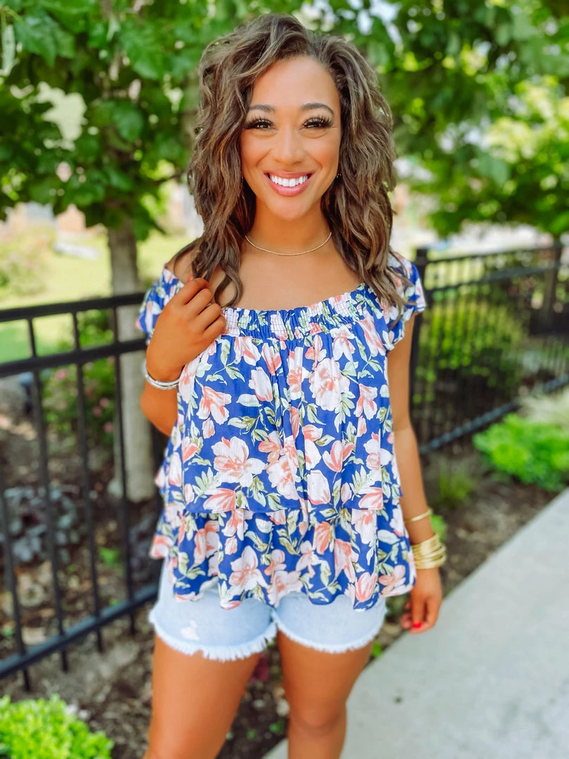 Ces Femme Hallie Bold Floral Tiered Tank- Cobalt 2 Ces Femme Hallie Bold Floral Tiered Tank- Cobalt