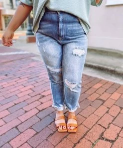 Texas Bling Lellan High Rise Distressed Straight Leg Jeans- Light Wash Denim