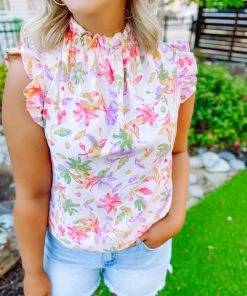 Trend Shop Quinn Ruffled Neckline Floral Top- Blush/Lilac Tops