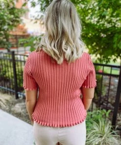 Entro Noa Ribbed Lettuce Hem Button Up Top- Salmon Tops