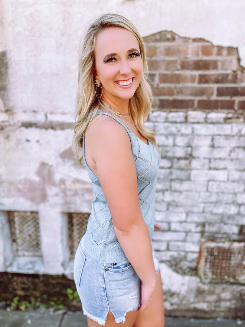 Trend Shop Tops Nevaeh V Neck Hollow Out Knitted Tank Top- Blue 3 Trend Shop Tops Nevaeh V Neck Hollow Out Knitted Tank Top- Blue