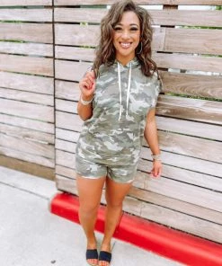 Entro Sets Erin Camo Hoodie & Shorts Set- Army