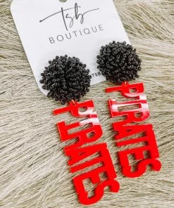 Texas Bling 2022 School Style Red Pirates Black Pom Earrings