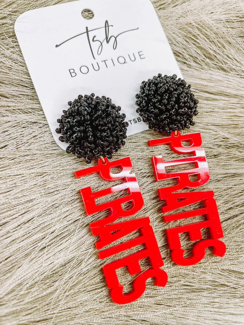 Texas Bling 2022 School Style Red Pirates Black Pom Earrings 2 Texas Bling 2022 School Style Red Pirates Black Pom Earrings