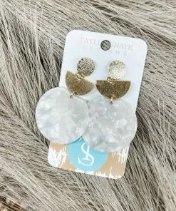 Texas Bling Austin Acrylic Oval/Gold Half Moon Earrings- White Jewelry