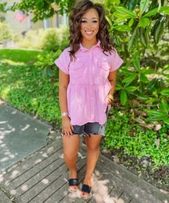 Entro Tops Jaylin Denim Collared Babydoll Top- Pink 9 Entro Tops Jaylin Denim Collared Babydoll Top- Pink