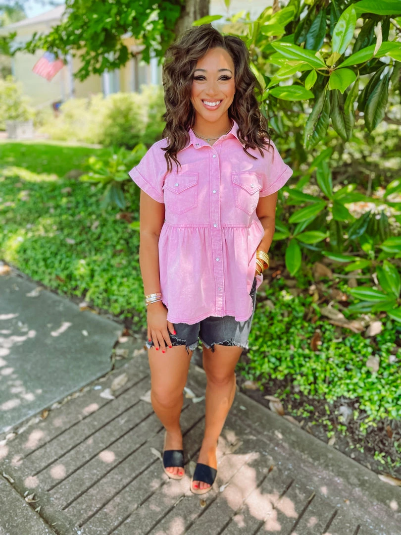 Entro Tops Jaylin Denim Collared Babydoll Top- Pink 3 Entro Tops Jaylin Denim Collared Babydoll Top- Pink