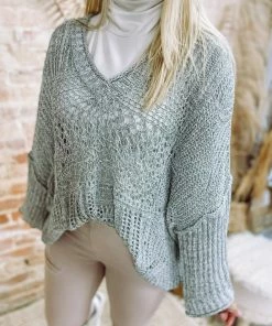 Ces Femme Tops Monica Lightweight Crochet Sweater- Grey