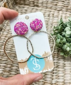 Texas Bling Sydney Glitter Hoops- Hot Pink Jewelry
