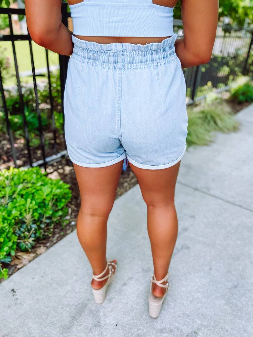 Easel Serenity Wide Elastic Waistband Denim Shorts- Dark Denim 4 Easel Serenity Wide Elastic Waistband Denim Shorts- Dark Denim