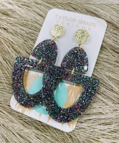 Texas Bling Lulu Dark Rainbow Glitter Open Drop Earrings