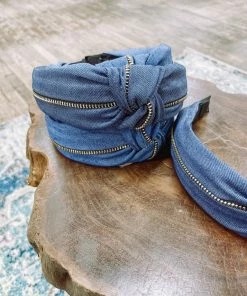 Texas Bling Denim Zipper Mid Knot Headband- Dark Blue