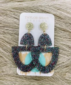 Texas Bling Lulu Dark Rainbow Glitter Open Drop Earrings