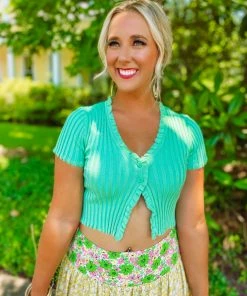 Texas Bling Tops Tiara Button Front Short Sleeve Top- Mint Green
