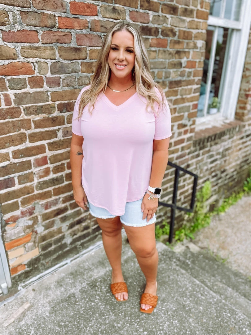 Zenana Premium Plus Jana Flowy V Neck Round Hem Top- Dusty Pink 3 Zenana Premium Plus Jana Flowy V Neck Round Hem Top- Dusty Pink