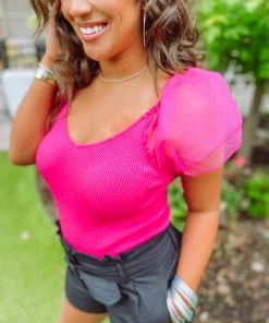 Flying Tomato Mallory Sheer Puff Sleeve Ribbed Top Tops