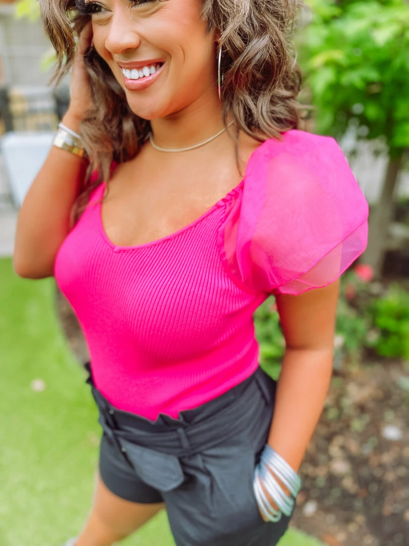 Flying Tomato Mallory Sheer Puff Sleeve Ribbed Top Tops 2 Flying Tomato Mallory Sheer Puff Sleeve Ribbed Top Tops