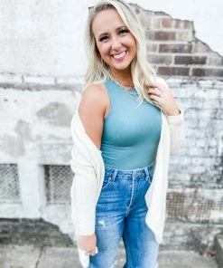 Texas Bling April Ribbed Muscle Tank Bodysuit- Blue Tops